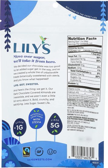 (image for) Lily's Sweets Dark Chocolate Covered Almonds 3.5 oz