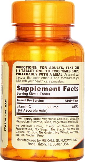 (image for) Sundown Naturals C 500 mg Ascorbic Acid Tablets 100 Count